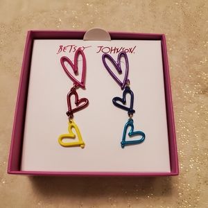 Betsey Johnson One Love Open Frame Heart Drop Mismatch Earrings Rainbow NIB